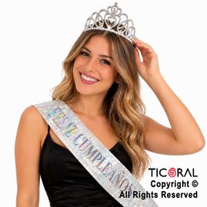 SET VINCHA Y BANDA FELIZ CUMPLEA�OS STRASS CORAZON PLATA (10548S)